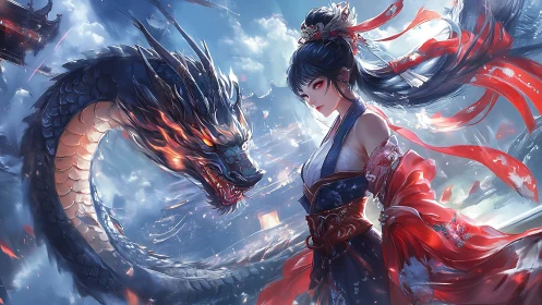 Stormbound dragon and crimson priestess in burning sky duel.