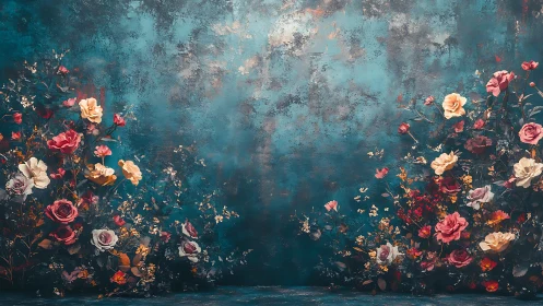 Floral Abundance Against Distressed Teal Surface.