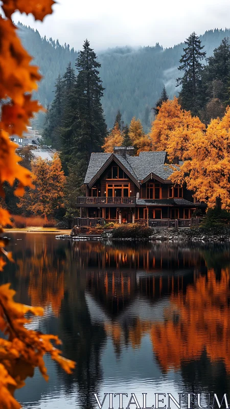 Lakeside cabin mirrors autumn forest across still water.