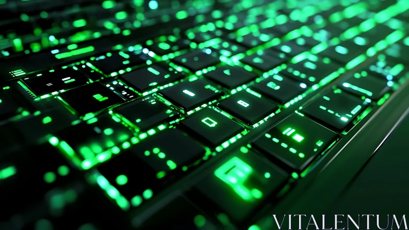 Glowing green backlit keyboard in close digital focus.