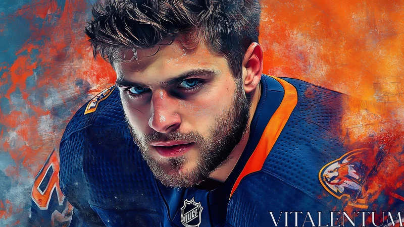 Digital portrait of hockey player in blue and orange jersey.