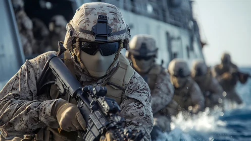 Marine boarding team slices through waves in tactical silence