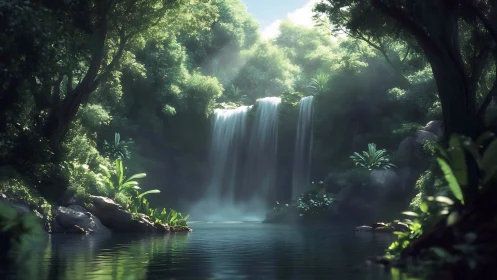Tropical Waterfall Sanctuary with Ethereal Mist