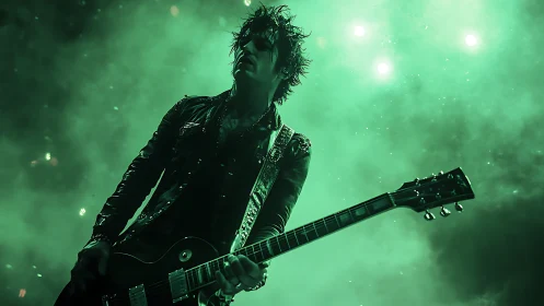 Rock guitarist dominates green backlit concert stage