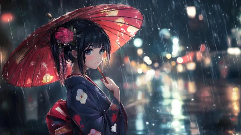 Rain-soaked street scene isolates kimono girl under red umbrella
