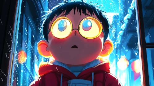 Boy with glowing glasses in rainy neon city scene.