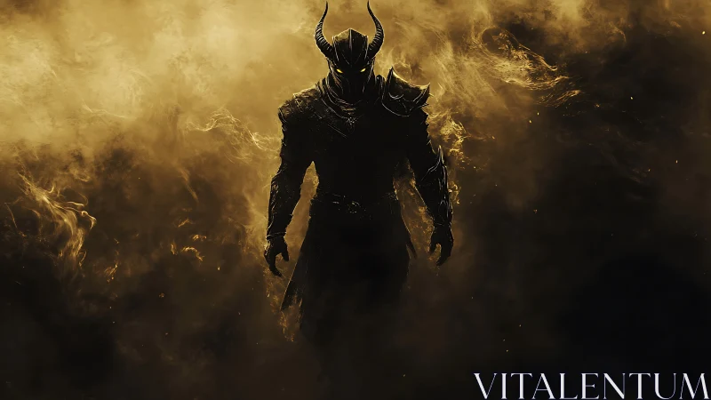 Horned dark knight strides through burning golden smoke