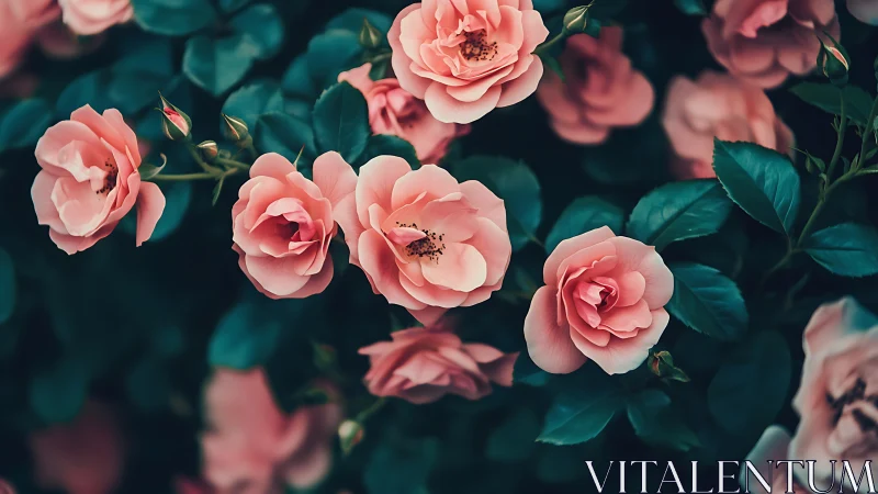 Pink garden roses bloom vibrant against teal foliage.