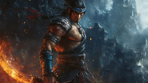 Storm-lit warrior with flaming sword amid ruined fortress.