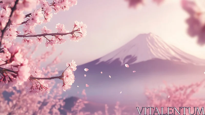 Cherry blossoms in front of snow capped mountain landscape.