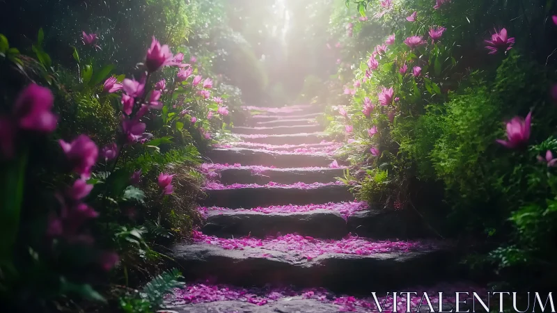 Magenta Petals Cascade Down Mystical Garden Stairway.