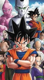 Group portrait of spiky haired warriors and villains lineup.