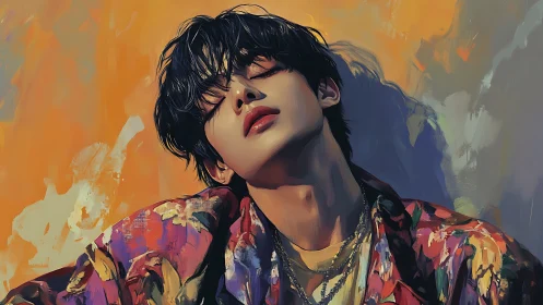 Sunlit portrait of dreamy youth in vivid floral jacket.