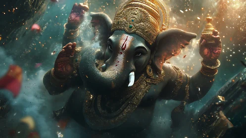 Elephant headed deity rendered in ornate dynamic 3D scene