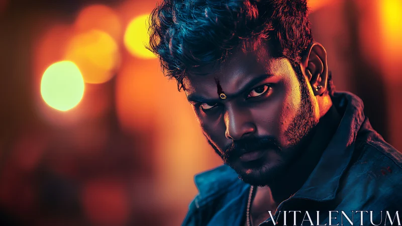 Smoldering gaze in neon firelight, a silent storm waiting.