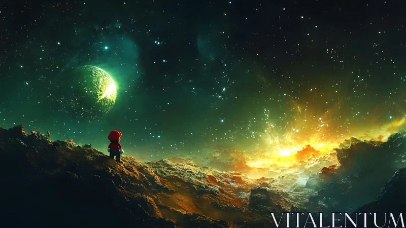 Small figure observes illuminated planet from rocky terrain