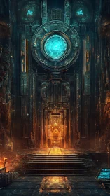 Hidden ember gate beneath a glowing cosmic reactor.