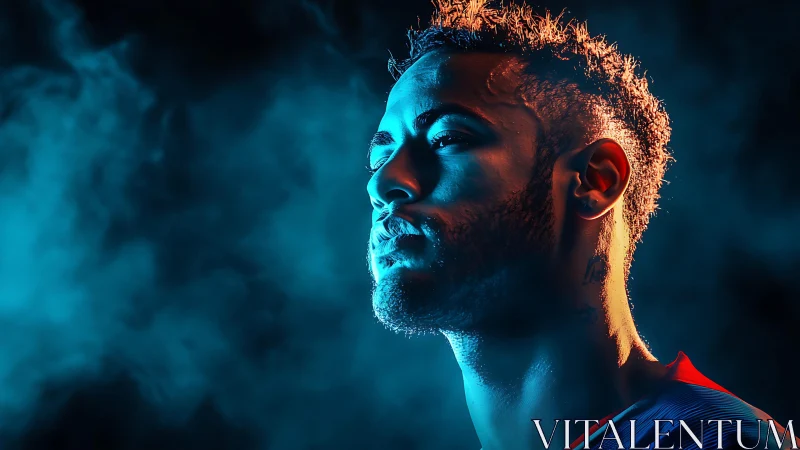 Halos of stadium light carve a focused athlete from smoke