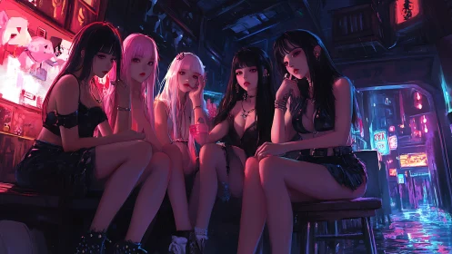 Neon-lit street idols in cyberpunk alleyway lounge scene.