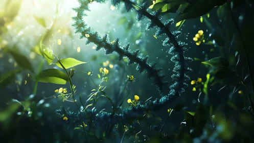 Bioluminescent DNA helix suspended in lush forest light.