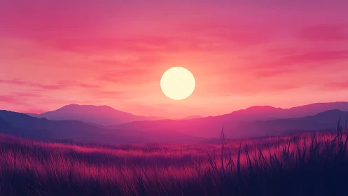 Digital painting landscape with neon dusk sun and plains.