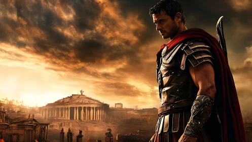 Roman armored figure before classical city at sunset.