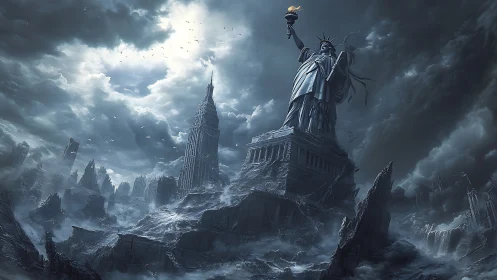 Post-apocalyptic liberty monument amid storm-lashed ruins.