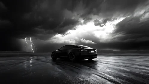 Sleek black sports car dominates a stormy coastal highway