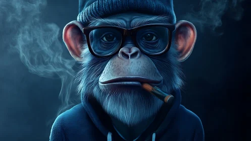 Brooding hoodie chimp with cigar and midnight neon mood.