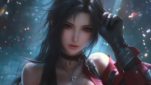 Warrior heroine gazes forward in a glowing fantasy haze