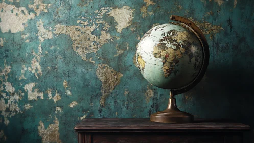 Vintage globe spins against weathered teal world map wall.
