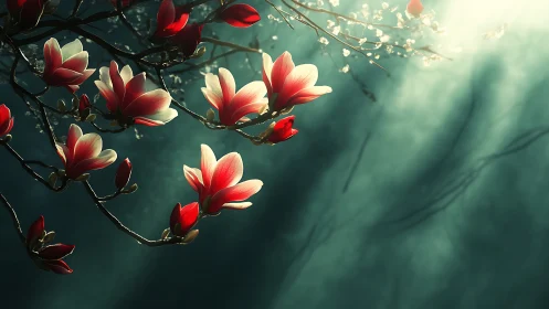 Radiant red magnolia blossoms in dreamy sunlight, digital art.