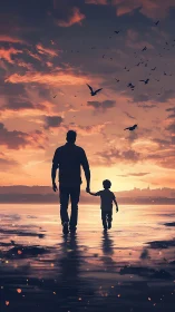 Sunset stride of father and child beneath ember skies.