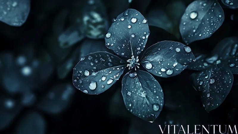Macro photograph shows wet leaves with central flower cluster