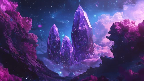 Purple crystalline spires rise from nebula clouds in space