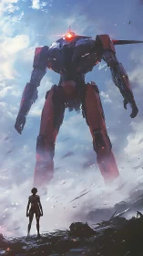 Sky-piercing war mech greets lone pilot in stormlight haze