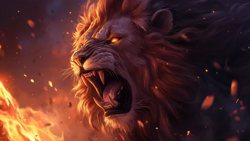 Lion head rendered in profile with firelit dramatic lighting
