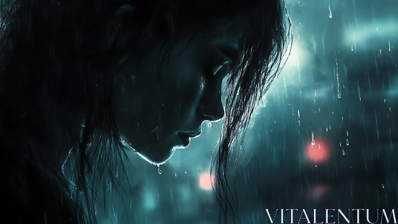 Side profile of solitary figure in heavy urban rainfall.