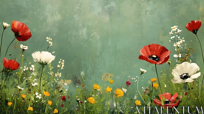 Wildflower Garden Composition with Red and White Poppies. Oil painting.
