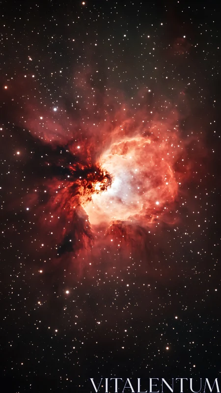 Bright red nebula cloud in dense star field of space.