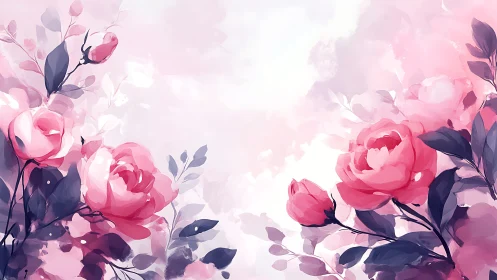 Romantic Pink Peonies with Dark Navy Foliage in Soft Watercolor Gradient Composition