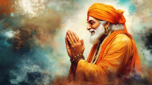 Gentle elder in orange robes offers a peaceful namaste greeting