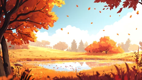 Autumn meadow pond under bright sky in digital painting.