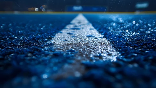 Rain-soaked blue sports track line glows under stadium lights.