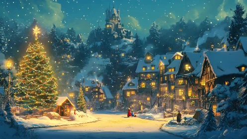 Snowy Christmas village square with lights and castle