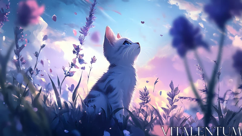 Ethereal feline silhouette gazing at luminescent petals in dreamscape.