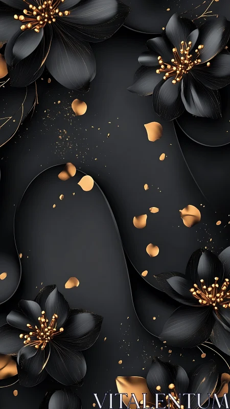Elegant Black Flowers With Golden Details.