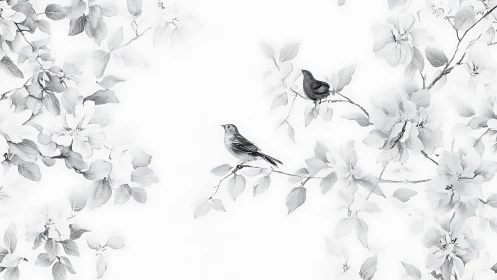 Ink-wash songbirds on floral branches in negative space composition.