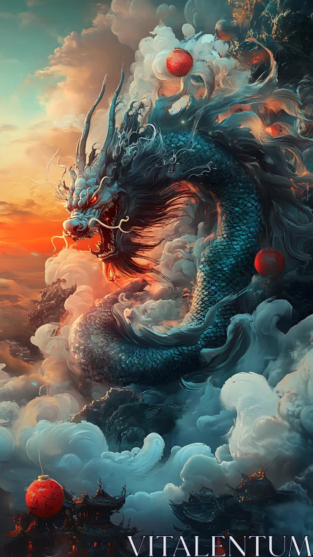 Mythic azure dragon coils through stormlit temple clouds