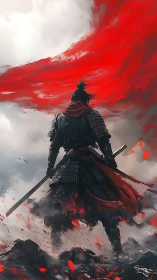 Backlit samurai warrior in dynamic red cloth swirl and storm haze